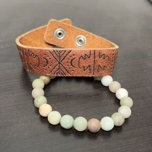Tribal leather and matte amazonite bracelet bundle